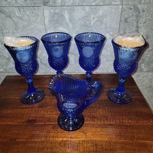 Avon Fostoria George/Martha Washington Goblets/Pitcher Cobalt Blue Glass 5 Piece